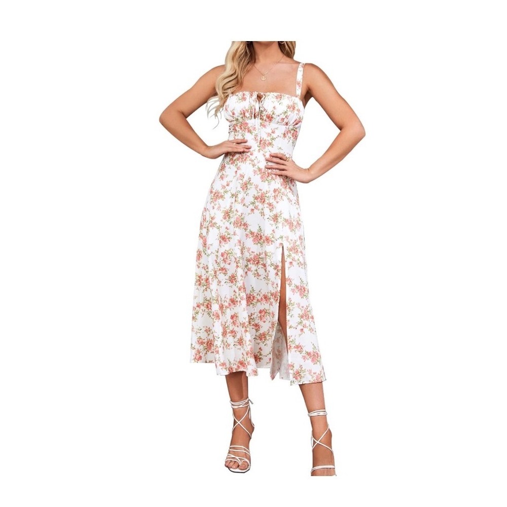 Glnege Floral Corset Midi Dress White Pink Rose Lace Up Back Side Slit Medium